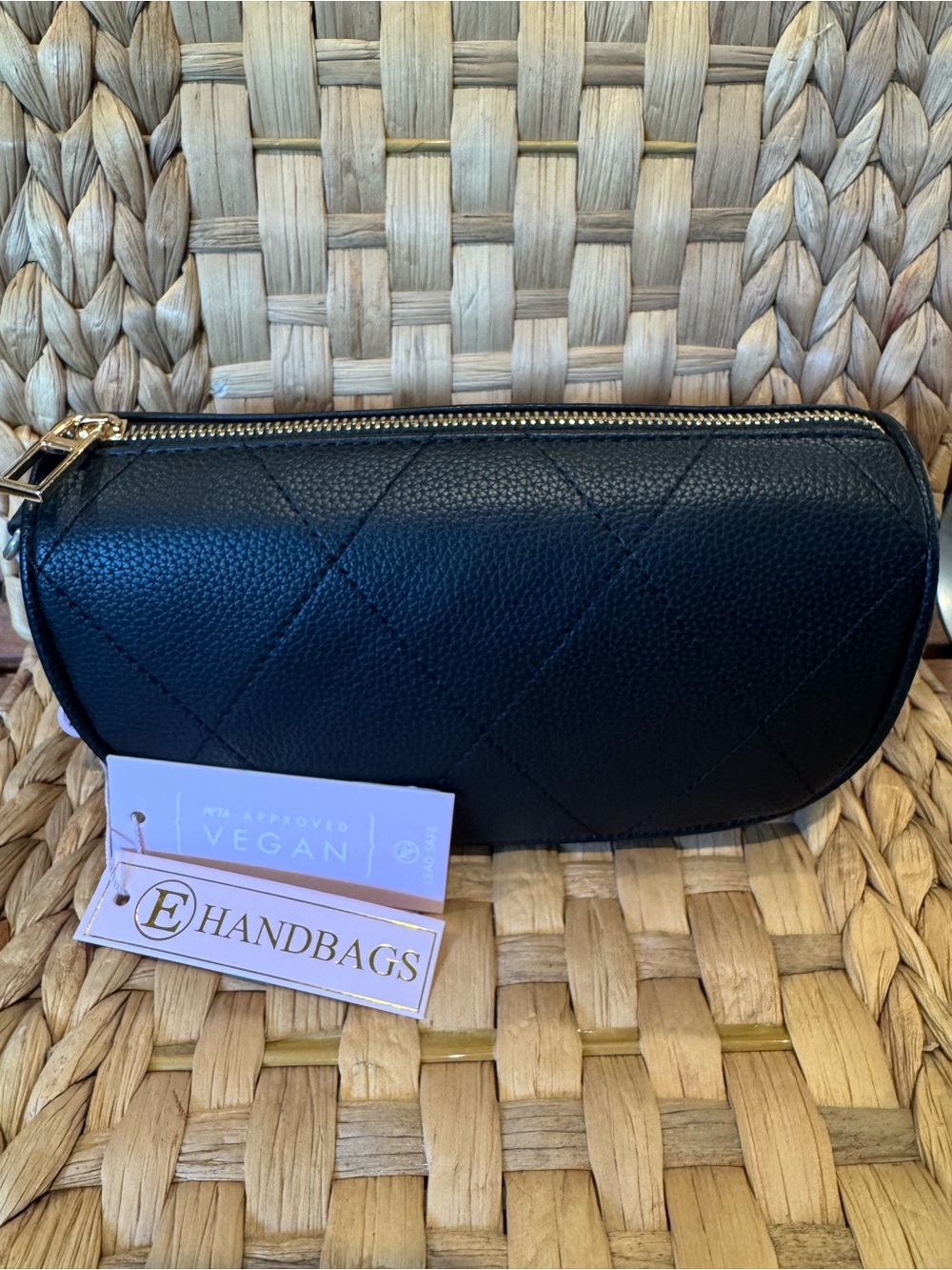 Small Black Quilted Vegan Leather Zip Pouch gray d rings golden zippers